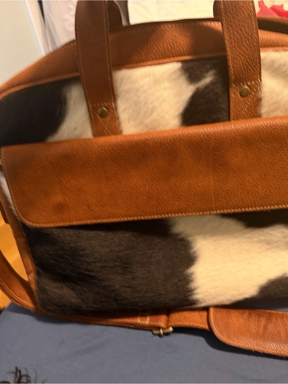 Brown Leather and Black-White Cowhide Carryall Bag